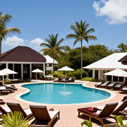 Caribbean Holidays, Grenada in April, A comfortable all-inclusive resort in Grenada with a swimming pool, tropical gardens and guests relaxing in April sunshine