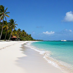Caribbean Holidays, Grenada in April, A peaceful Grenadian beach with clear turquoise water, palm trees and a small boat offshore beneath bright April sunshine