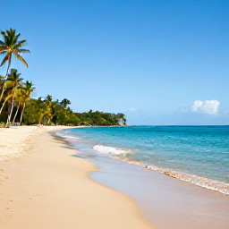 Caribbean Holidays, Grenada in April, A wide view of Grand Anse Beach in Grenada on a bright April morning, with calm turquoise water, soft golden sand and palm trees