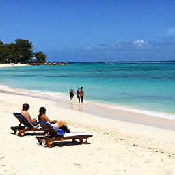 Caribbean Holidays, Grenada in April, Grand Anse Beach in Grenada with soft white sand, clear blue water, sun loungers and visitors enjoying an April holiday