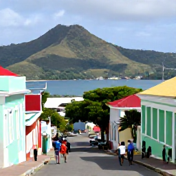 Caribbean Holidays, Grenada in April, Visitors walking through the colourful streets of St George&rsquo;s, Grenada, with pastel buildings, the harbour and green hills in the background