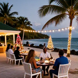 Caribbean Holidays, Grenada in December, A relaxed Christmas and New Year celebration at a Grenada beach resort, with lights, tropical decorations and guests enjoying dinner outdoors