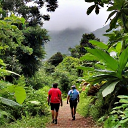 Caribbean Holidays, Grenada in February, Hikers walking through Grand Etang National Park rainforest in Grenada, lush foliage, misty mountains and a clear natural trail