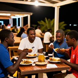 Caribbean Holidays, Grenada in February, Relaxed backpackers sharing a local Grenadian meal at an outdoor restaurant in the evening