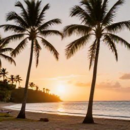 Caribbean Holidays, Grenada in February, Sunset over Grenada&rsquo;s coastline with palm trees, warm golden light and a relaxed beach atmosphere