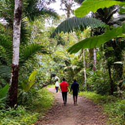Caribbean Holidays, Grenada in February, Visitors walking beneath tropical trees on a lush forest trail in Grand Etang National Park, Grenada