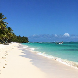 Caribbean Holidays, Grenada in July, A quiet Grenadian beach in July with turquoise water, pale sand, palm trees and a small traditional fishing boat offshore