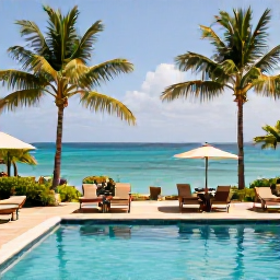 Caribbean Holidays, Grenada in March, A welcoming all-inclusive resort in Grenada with a swimming pool, palm trees, outdoor dining and views towards the Caribbean Sea