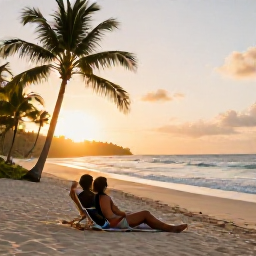 Caribbean Holidays, Grenada in March, Couple relaxing on a Grenada beach at sunset, gentle waves, palm trees and a comfortable all-inclusive holiday atmosphere