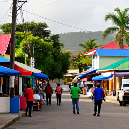 Caribbean Holidays, Grenada in May, Colourful Grenadian street scene in May with local people, market stalls, tropical greenery and warm afternoon light