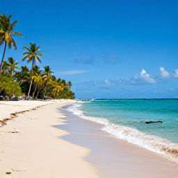 Caribbean Holidays, Grenada in May, Quiet Grenadian beach in May with turquoise water, palms, golden sand and a snorkeller near the shore