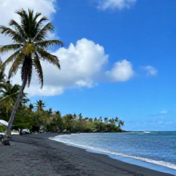 Caribbean Holidays, Grenada in October, A quiet black sand beach on Grenada&rsquo;s south coast with palm trees, calm sea and light tropical clouds