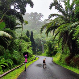 Caribbean Holidays, Grenada in October, Green Grenadian countryside in October with rainforest, waterfalls, winding road and hikers enjoying a light tropical shower