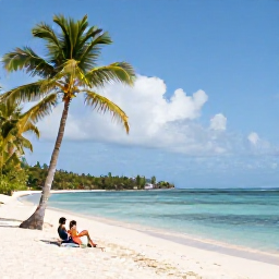 Caribbean Holidays, Grenada in October, Peaceful Grenadian beach in October with calm turquoise water, palm trees, soft sand and a couple enjoying a quiet afternoon