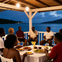 Caribbean Holidays, Grenada in September, A relaxed evening in Grenada with local musicians, Caribbean food and visitors enjoying the warm atmosphere at a waterfront venue