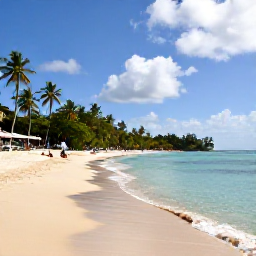 Caribbean Holidays, Grenada in September, Grand Anse Beach in Grenada on a warm September day, with calm turquoise water, golden sand, palm trees and a few relaxed visitors
