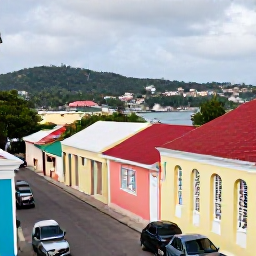 Caribbean Holidays, Grenada Instagram Hotspots, A colourful street scene in St George&rsquo;s, Grenada, with pastel buildings, red-tiled roofs, a harbour and hillside views