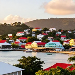 Caribbean Holidays, Grenada Instagram Hotspots, A golden-hour view over St George's harbour in Grenada, with colourful buildings, red-roofed houses, boats and hillside streets