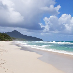 Caribbean Holidays, Grenada Instagram Hotspots, A scenic September beach scene at Levera Beach in Grenada, with wide empty sand, rolling Atlantic waves, green hills and dramatic clouds