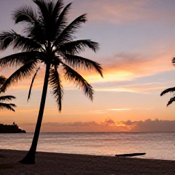 Caribbean Holidays, Grenada Instagram Hotspots, A sunset view from a quiet beach in Grenada, with silhouettes of palm trees, calm sea and warm orange and pink skies