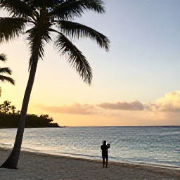 Caribbean Holidays, Grenada Instagram Hotspots, Golden sunrise over Grand Anse Beach in Grenada, calm turquoise sea, soft January light, palm trees and a person taking photographs