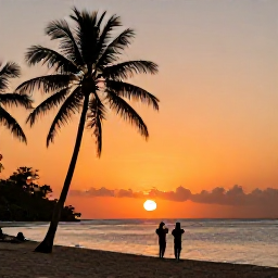Caribbean Holidays, Grenada Instagram Hotspots, Quiet tropical beach at sunset in Grenada, orange sky, calm sea, silhouettes of palm trees and a couple taking photographs