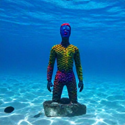 Caribbean Holidays, Grenada Instagram Hotspots, The colourful Underwater Sculpture Park near Grenada, showing a submerged figure sculpture viewed through clear blue Caribbean water