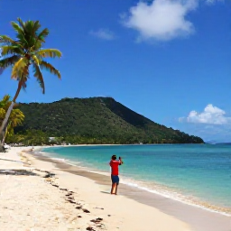 Caribbean Holidays, Grenada Instagram Spots, A bright Caribbean beach in Grenada during July, turquoise water, green hills, palm trees and a relaxed traveller taking photographs
