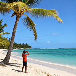 Caribbean Holidays, Grenada Instagram Spots, A colourful Caribbean beach in Grenada during February, with clear turquoise water, palm trees and a relaxed traveller taking photographs