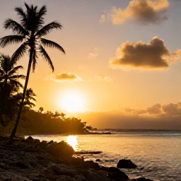 Caribbean Holidays, Grenada Instagram Spots, A dramatic sunset over the Caribbean Sea viewed from a scenic Grenada coastline, with golden sky, silhouetted palm trees and calm water