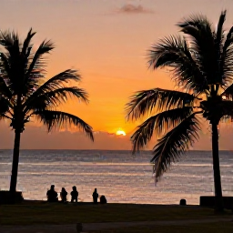 Caribbean Holidays, Grenada Instagram Spots, A Grenadian sunset viewed from a coastal viewpoint in July, orange sky, calm sea, palm silhouettes and a small group enjoying the evening