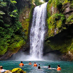 Caribbean Holidays, Grenada Instagram Spots, A lush tropical waterfall in Grenada surrounded by rainforest, mossy rocks and vibrant green foliage, with visitors swimming in the pool