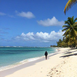 Caribbean Holidays, Grenada Instagram Spots, A quiet tropical beach in Grenada with white sand, clear turquoise water, palm trees and a person walking along the shoreline