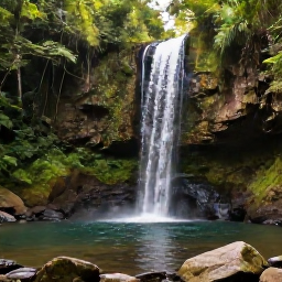 Caribbean Holidays, Grenada Instagram Spots, Annandale Falls in Grenada surrounded by lush tropical forest, with a clear pool, rocks and a small waterfall in soft daylight