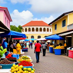 Caribbean Holidays, Grenada Instagram Spots, Colourful market scene in St George's, Grenada, with fresh spices, tropical fruit, local produce and historic buildings, realistic travel photography