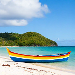 Caribbean Holidays, Grenada Instagram Spots, Colourful traditional fishing boats on the sand at Gouyave, Grenada, with the Caribbean Sea and green hills behind