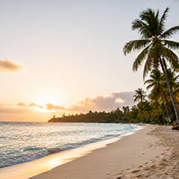 Caribbean Holidays, Grenada Instagram Spots, Golden-hour view from Grand Anse Beach in Grenada, with calm turquoise water, soft white sand and palm trees, realistic travel photography