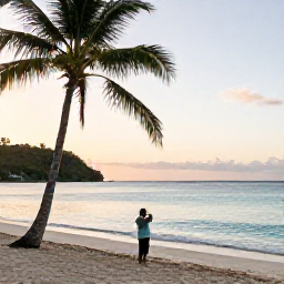 Caribbean Holidays, Grenada Instagram Spots, Golden hour view over Grand Anse Beach in Grenada, calm turquoise sea, palm trees and a traveller taking a photograph