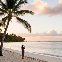 Caribbean Holidays, Grenada Instagram Spots, Grand Anse Beach in Grenada at golden hour, calm turquoise water, soft white sand, palm trees and a traveller taking photographs