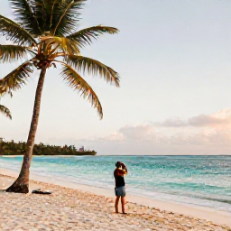 Caribbean Holidays, Grenada Instagram Spots, Grand Anse Beach in Grenada at golden hour, turquoise sea, soft white sand, palm trees and a traveller taking photographs