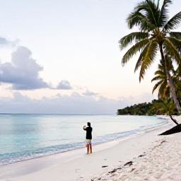 Caribbean Holidays, Grenada Instagram Spots, Grand Anse Beach in Grenada at sunrise, calm turquoise water, white sand, palm trees and a traveller taking a photograph