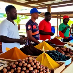 Caribbean Holidays, Grenada Instagram Spots, Grenadian spice market with colourful nutmeg, cinnamon and cocoa displays, friendly local sellers and warm natural light