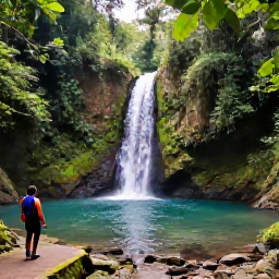 Caribbean Holidays, Grenada Instagram Spots, Quiet tropical waterfall in Grenada's rainforest, clear pool, lush green foliage and a visitor walking on a forest path, realistic travel photography