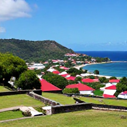 Caribbean Holidays, Grenada Instagram Spots, Scenic view from Fort Frederick in Grenada overlooking St George's harbour, red-roofed buildings, green hills and the Caribbean Sea