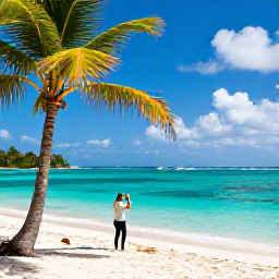 Caribbean Holidays, Grenada Instagram Spots, Sunny Grand Anse Beach in Grenada with clear turquoise water, palm trees and a traveller taking a photograph