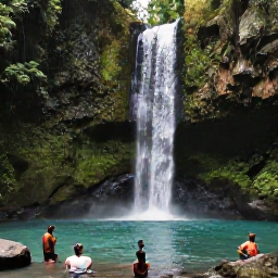 Caribbean Holidays, Grenada Instagram Spots, Tropical waterfall in Grenada's lush rainforest, with a clear pool, mossy rocks and visitors enjoying a peaceful March day