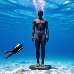 Caribbean Holidays, Grenada Instagram Spots, Underwater photograph of a life-sized sculpture at Grenada Underwater Sculpture Park, clear Caribbean water, divers and tropical fish, realistic travel photography