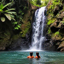 Caribbean Holidays, Grenada Island Hopping, A couple swimming beneath a small waterfall in Grenada&rsquo;s lush rainforest, with tropical plants and clear water