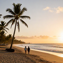 Caribbean Holidays, Grenada Island Hopping, A couple walking along a peaceful Grenada beach at sunset, with palm trees, gentle waves and warm February light