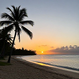 Caribbean Holidays, Grenada Island Hopping, A peaceful Grenada sunset over the Caribbean Sea, with a quiet beach, palm silhouettes and warm evening colours